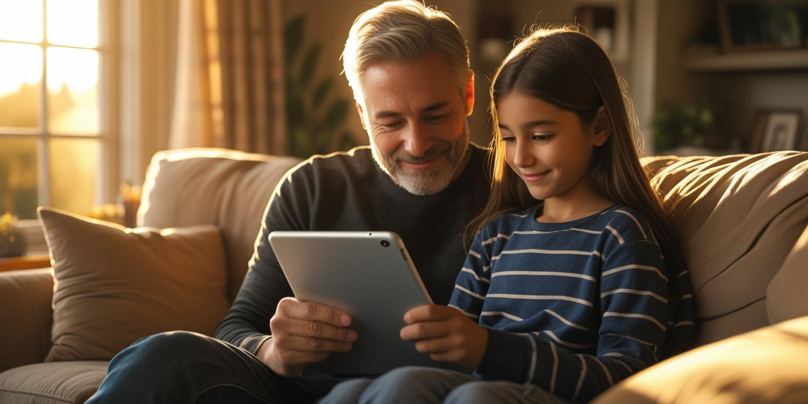 Father and daughter sitting on a couch using tablets — collaborative learning or remote work scene