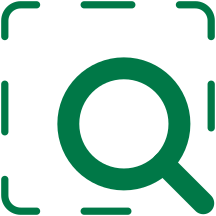 Green magnifying glass icon inside square — search functionality or discovery tool