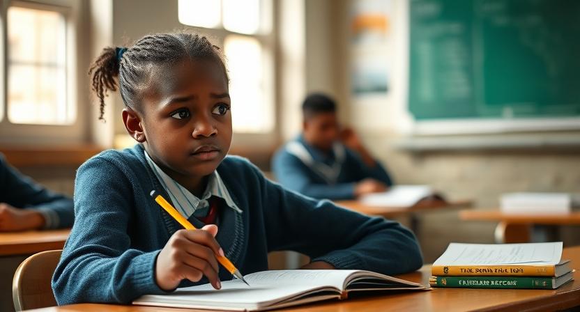 Girl writing in notebook at desk — focused learning environment